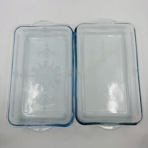 Vintage Fire King Small Glass Bakers Light Blue & Clear Glass w/ Embossed Flower